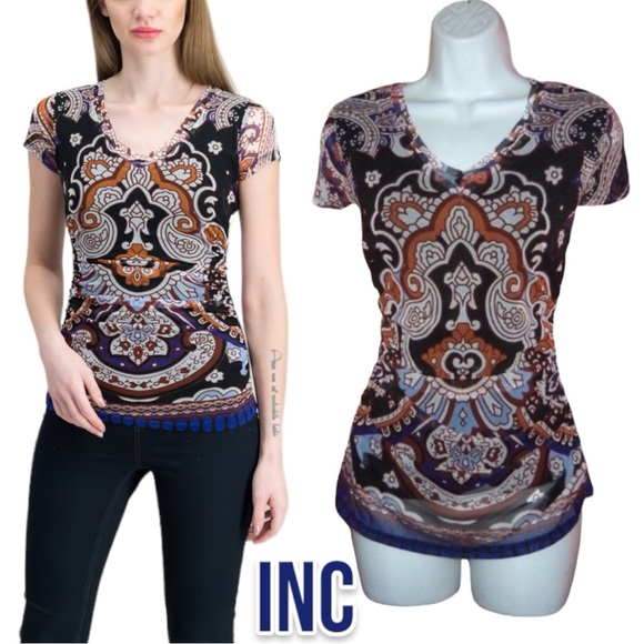 INC International Concepts Tops - I.N.C. Mesh V-Neck Side Ruching Stretch Top - PL - International Concepts